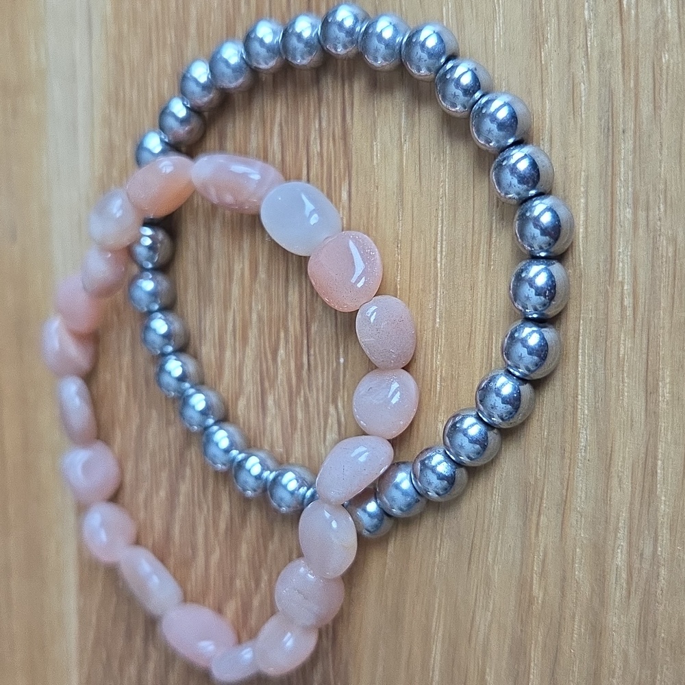Silver Hematite & Orange Sunstone Bead Stretch Bracelet Set, Hand Crafted - Picture 7 of 13